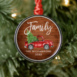 Rustikale Holzfamilie Pinselschrift Vintager Red T Ornament Aus Metall<br><div class="desc">Rustikales Holz Pinselschrift Wasserfarbe Vintager roter LKW mit Weihnachtsbaum - Familienschmuck</div>