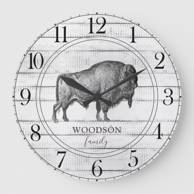 Rustikale Holzfamilie Walking Bison Buffalo Große Wanduhr (Vorderseite)
