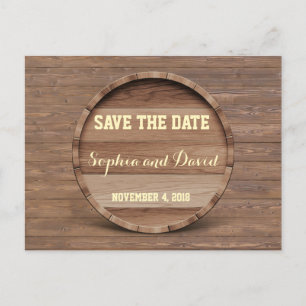 Rustikale Holzfass-Hochzeit SAVE THE DATE Ankündigungspostkarte