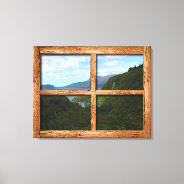Rustikale Holzfenster mit Blick auf Neuseeland Leinwanddruck (Vorderseite)
