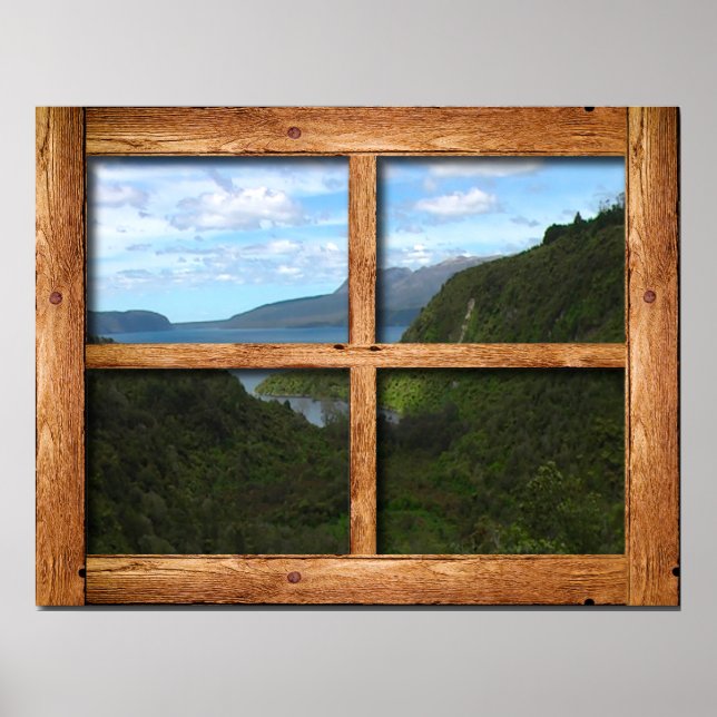 Rustikale Holzfenster mit Blick auf Neuseeland Poster (Vorne)