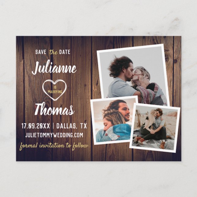 Rustikale Holzfoto-Collage Budget Hochzeit Ankündigungspostkarte (Vorderseite)