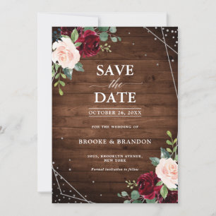 Rustikale Holzgeometrie Burgund Blumenhochzeit Save The Date