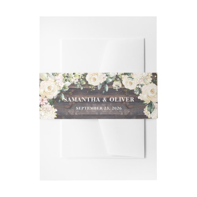 Rustikale Holzgrün, weiße Rosen Blumenhochzeit Einladungsbanderole (Vorderseite Beispiel)