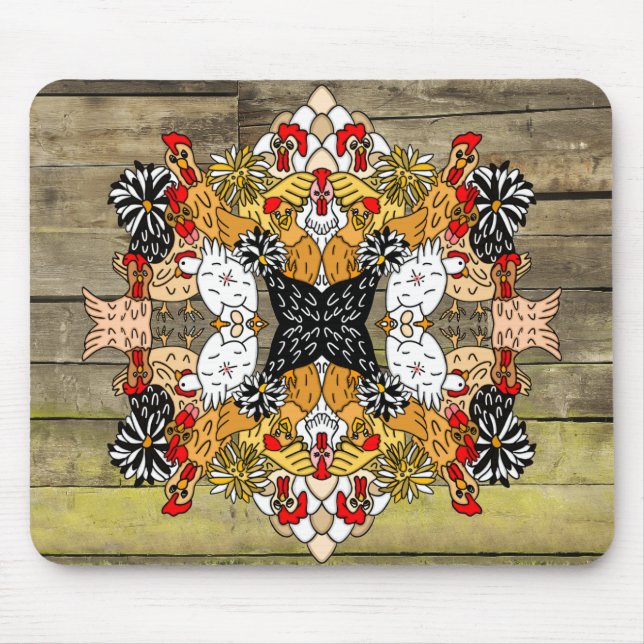 Rustikale Holzhandgezogene Cartoon Hühnerparadies Mousepad (Vorne)