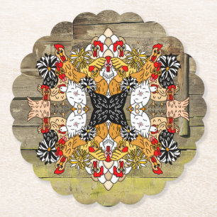 Rustikale Holzhandgezogene Cartoon Hühnerparadies Untersetzer