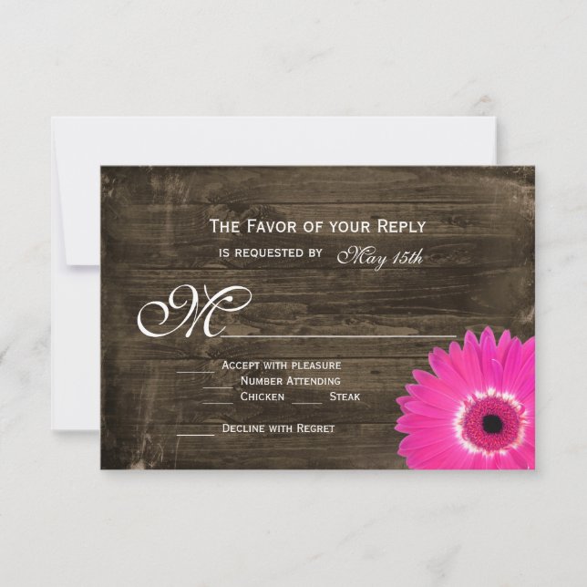 Rustikale holzheiß rosa Daisy Wedding RSVP Cards Karte (Vorderseite)