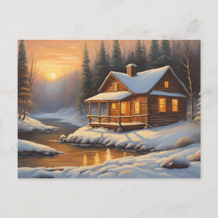 Rustikale Holzhütte im Winterwald Postkarte