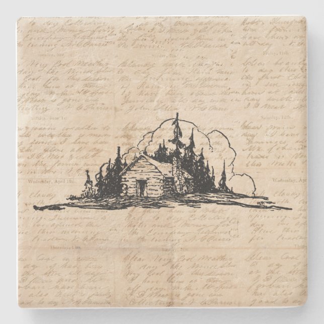 Rustikale Holzhütte Naturwald Art Vintages Skript Steinuntersetzer (Vorderseite)