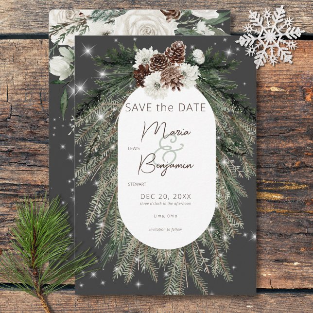 Rustikale Holzkohle Pine Winter Sparkle Wedge Save The Date (Rustic Charcoal Pine Winter Sparkle Wedding Save The Date)