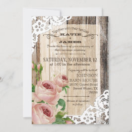 Rustikale Holzlace und Rose Hochzeit Einladung