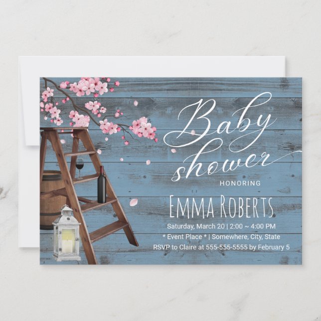 Rustikale Holzladder Rosa Blumendusche Kinderdusch Einladung (Vorderseite)