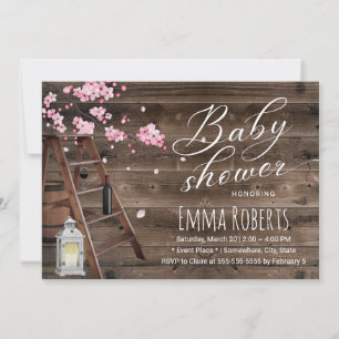 Rustikale Holzleiter Kirschblüten-Baby-Party Einladung