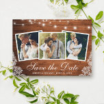 Rustikale Holzleuchten 3 Foto Save the Date Karte<br><div class="desc">Rustikale Holzstring Lights und Lace 3 Foto Save the Date Verlobung Announccard</div>