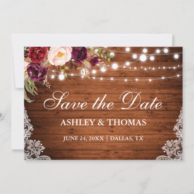 Rustikale Holzleuchten mit Blumenmotiven Save the  Save The Date (Vorderseite)