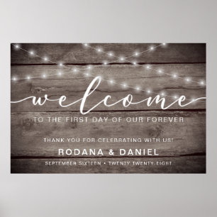 Rustikale Holzlichter Willkommens-Hochzeitsschild Poster