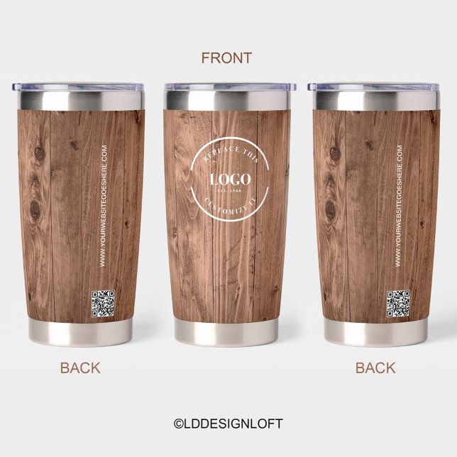 Rustikale Holzmaserung mit Logo-Website Thermobecher (Branded insulated tumblers with logo, website and QR code. Rustic wood grain print texture.)