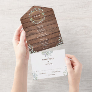 Rustikale Holzmonogramm-Grünflorale Hochzeit All In One Einladung