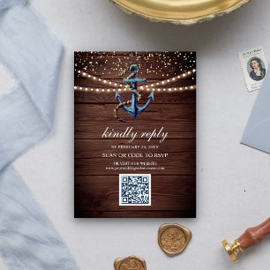 Rustikale Holznavyblau Anker QR Code RSVP Hochzeit Begleitkarte