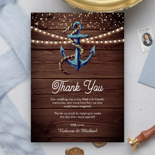 Rustikale Holznavyblau Ankernautische Hochzeit Dankeskarte