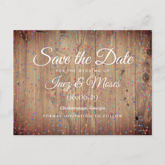 Rustikale Holzpaneele Regenbogen-Konfetti Save-the Postkarte (Vorderseite)