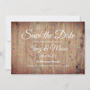 Rustikale Holzpanels Rainbow Confetti Save the Dat Save The Date