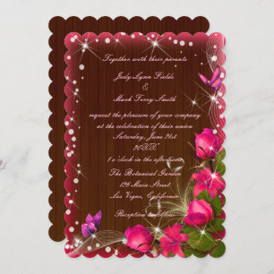 Rustikale Holzpink-Blütenschmetterlingshochzeit Einladung