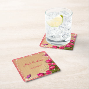 Rustikale Holzpink-Blütenschmetterlingshochzeit Rechteckiger Pappuntersetzer