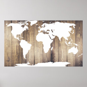 Rustikale Holzplanen Weiße Weltkarte Poster