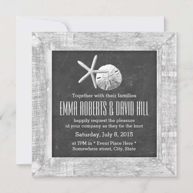 Rustikale Holzrahmen Seashells Beach Wedding Einladung (Vorderseite)