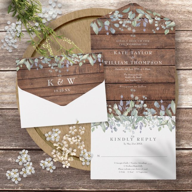 Rustikale Holzsäge und Lilac-Floral-Monogramm-Hoch All In One Einladung (Rustic Wood Sage And Lilac Floral Monogram Wedding All In One Invitation)