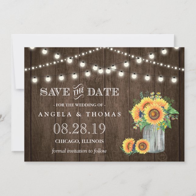 Rustikale Holzsaitenleuchten Sonnenblumen Save the Date (Vorderseite)