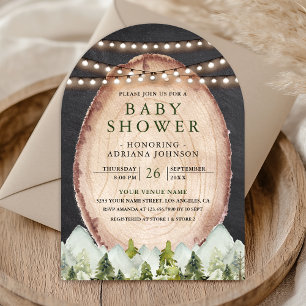 Rustikale Holzscheibe Bergwald Bogen Baby Shower Einladung