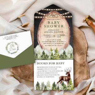 Rustikale Holzscheibe Bergwaldhirsch-Baby-Party All In One Einladung