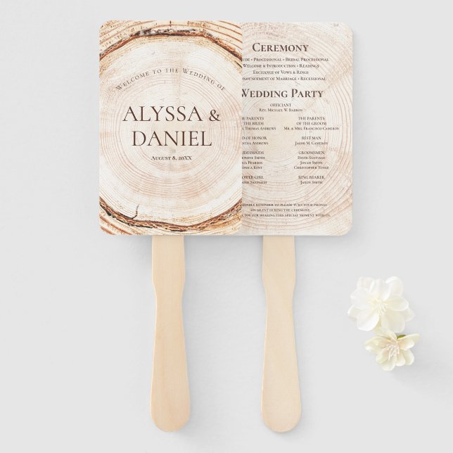 Rustikale Holzscheibe Hochzeitsprogramm Fächer Bau (Vorne und Hinten)