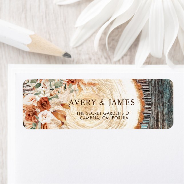 Rustikale Holzscheibe Pampas Florale Hochzeitsadre (Von Creator hochgeladen)