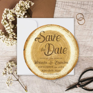 Rustikale Holzscheiben-Hochzeit-Save-the-Date-Kart Einladung