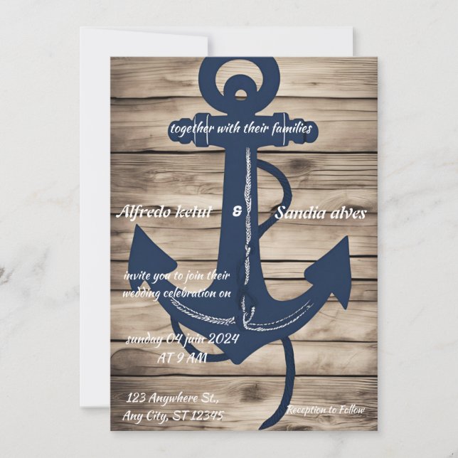 Rustikale Holzschifffahrt Navy Anchor Nautical Wed Einladung (Vorderseite)