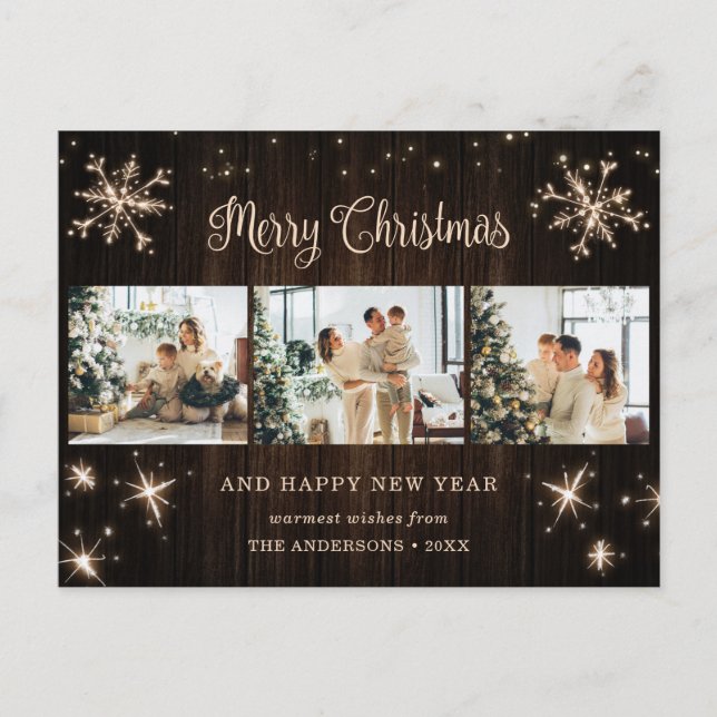 Rustikale Holzschneeflocke Feiertagspostkarte (Vorderseite)