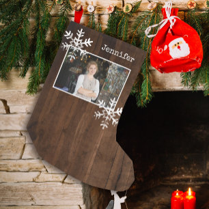 Rustikale Holzschneeflocken Benutzerdefiniertes Fo Kleiner Weihnachtsstrumpf