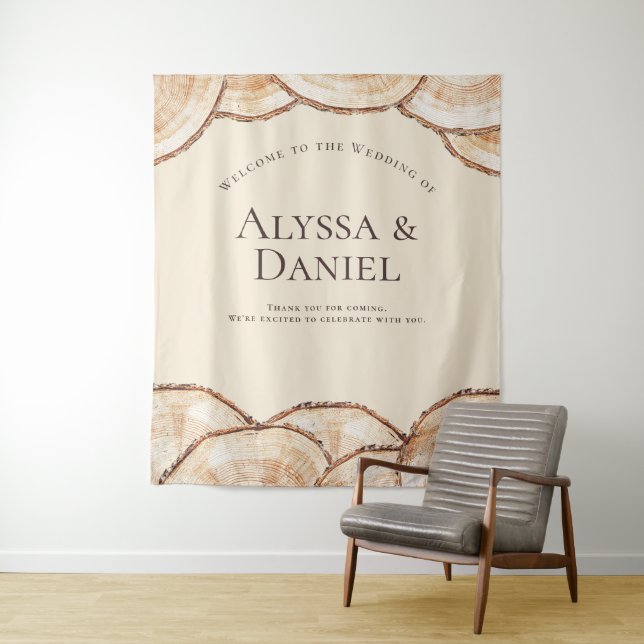 Rustikale Holzschnitt Individuelle Namen Hochzeit Wandteppich (Beispiel)