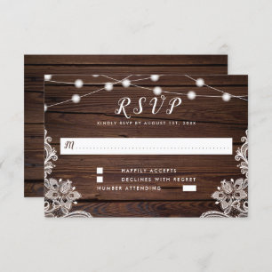 Rustikale Holzschnitt-Lichter & Spitzen-Hochzeit RSVP Karte