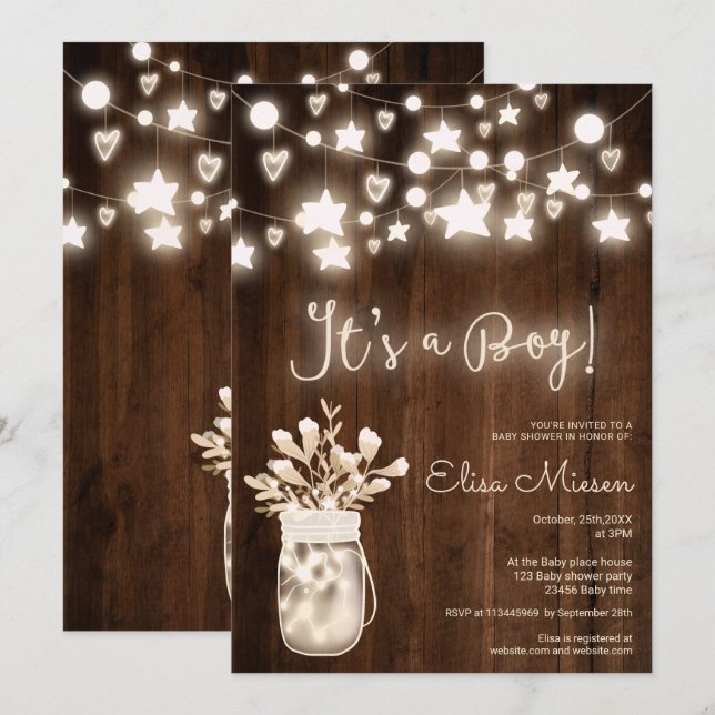 Rustikale Holzseillichter Mason Junge Babydusche Einladung (Vorne/Hinten)