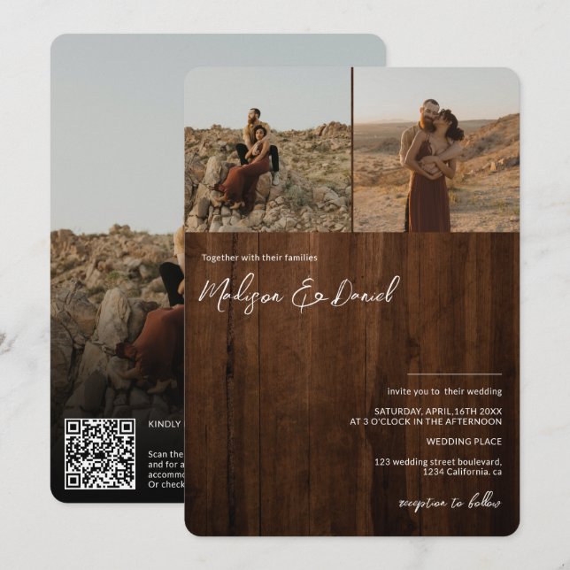 Rustikale Holzskripte Namen 3 Fotos qr Code Hochze Einladung (Vorne/Hinten)