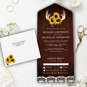 Rustikale Holzsonnenblume Goldhirsche Hochzeit All In One Einladung