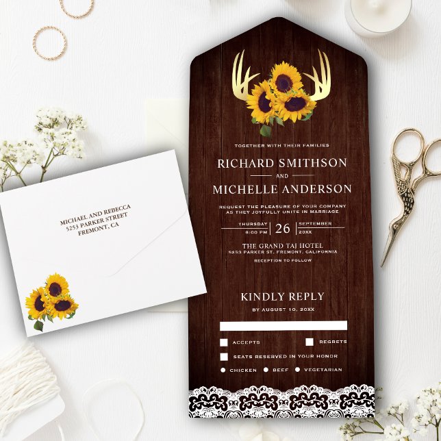 Rustikale Holzsonnenblume Goldhirsche Hochzeit All In One Einladung (Von Creator hochgeladen)