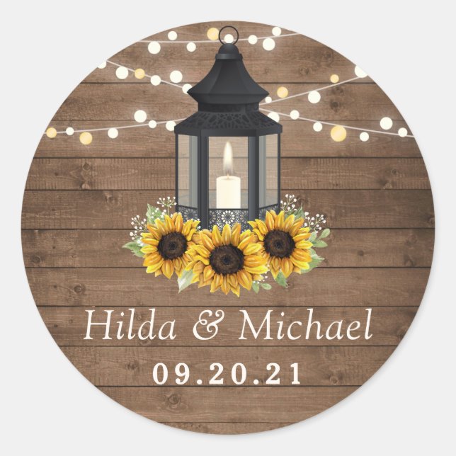 Rustikale Holzsonnenblume Laternenleuchten Runder Aufkleber (Vorderseite)