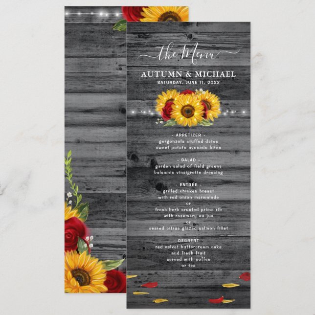 Rustikale Holzsonnenblume und Rote Rose Hochzeit Menükarte (Vorne/Hinten)