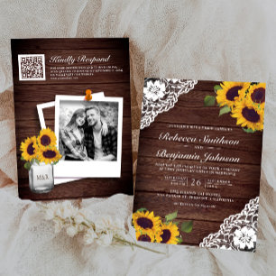 Rustikale Holzspitze Sonnenblume Foto QR Code Hoch Einladung
