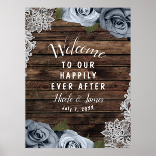 Rustikale Holzstaub Blaue Rosen Foto Hochzeitsempf Poster